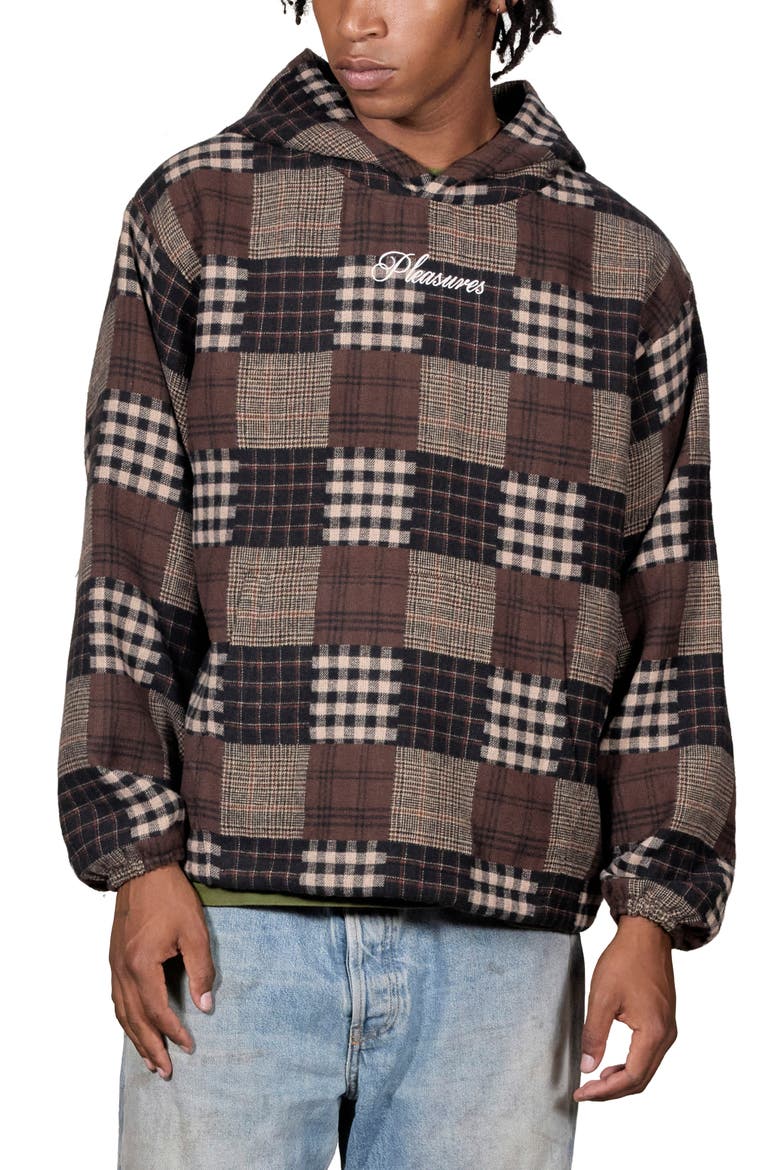 Madras Plaid Patchwork Pullover Hoodie, Main, color, BROWN