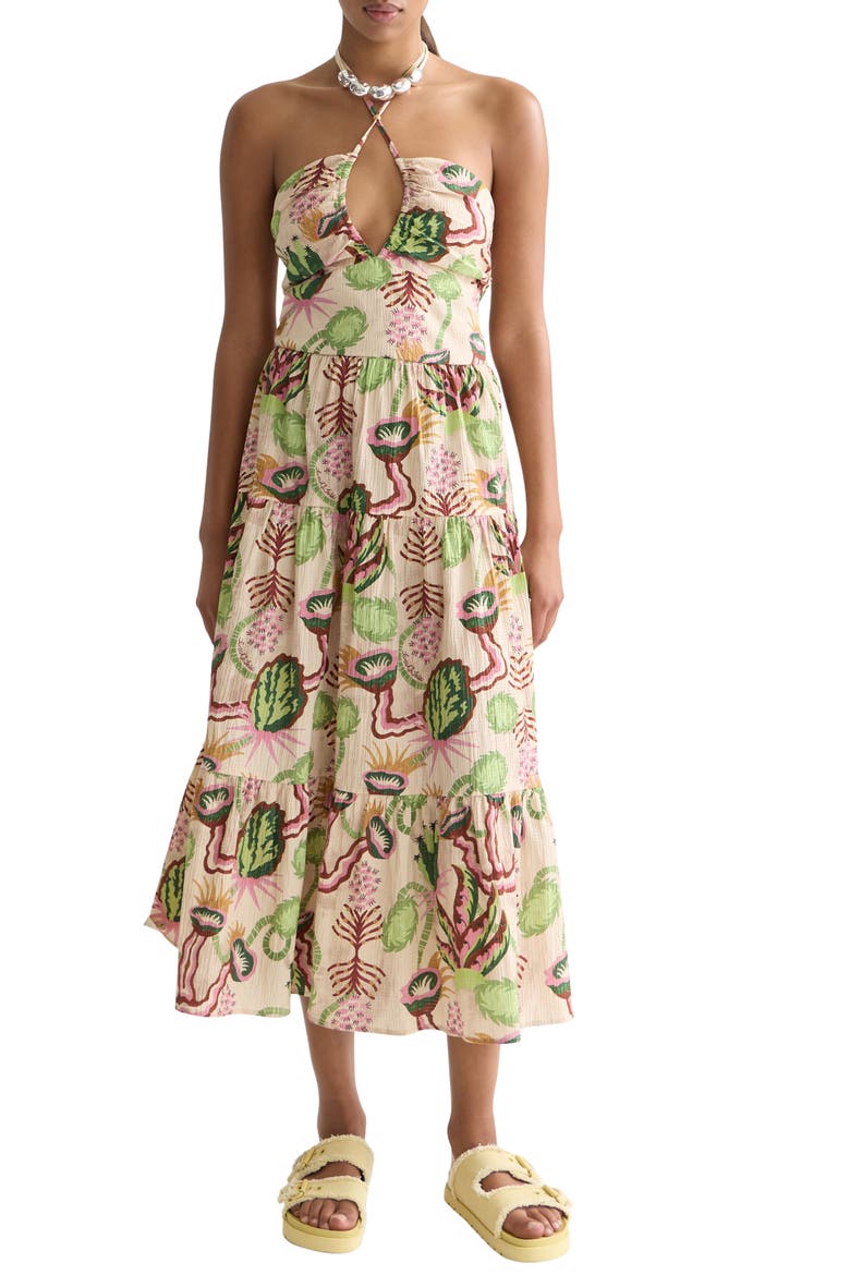 Keyhole Halter Stretch Cotton Seersucker Midi Sundress, Main, color, DESERT FLORAL CANYON CLAY