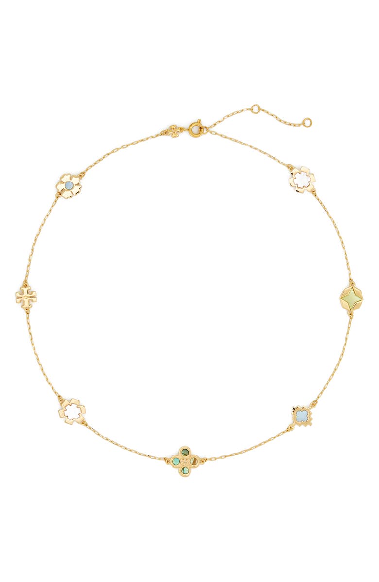 Tory Burch Kira Clover Station Necklace, Main, color, Tory Gold / Multi