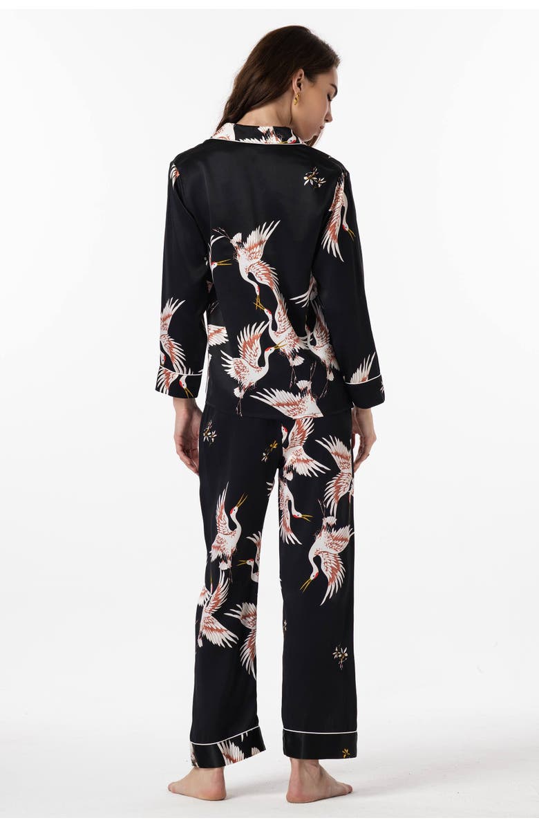 SILKSILKY 19Momme Pure Silk Printed Classic Binding Trim Womens Pajama set, Alternate, color, Black