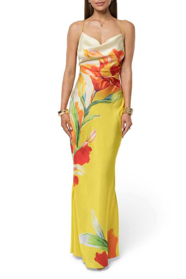 Floral Satin Maxi Slipdress, Main, color, YELLOW