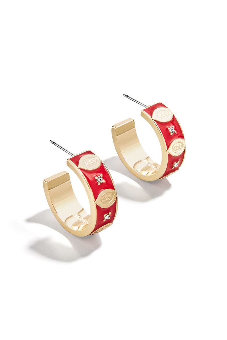x BaubleBar Cincinnati Reds Enamel Hoop Earrings, Main, color, Gold