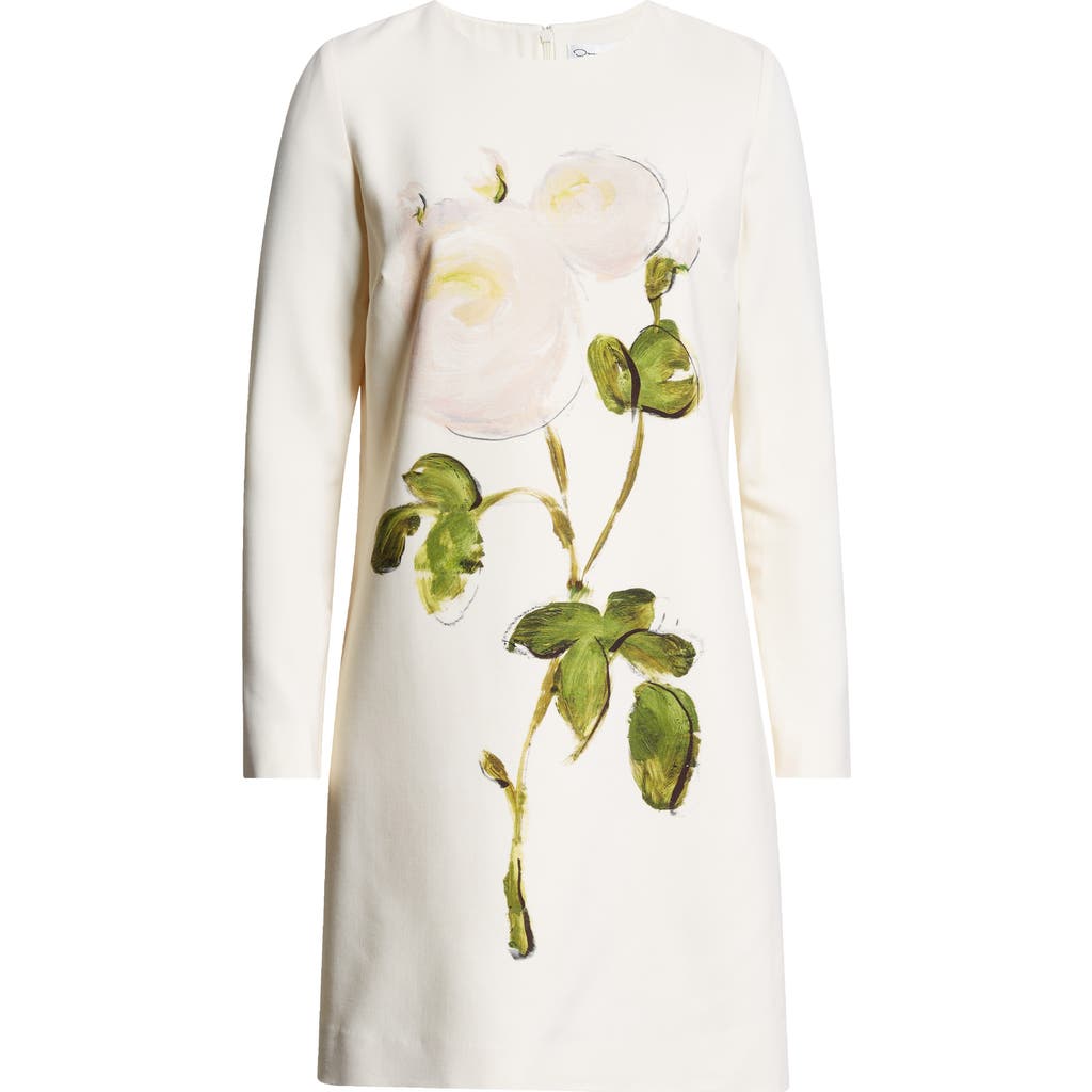 Oscar De La Renta Painted Rose Long Sleeve Wool Blend Shift Dress In White/ivory