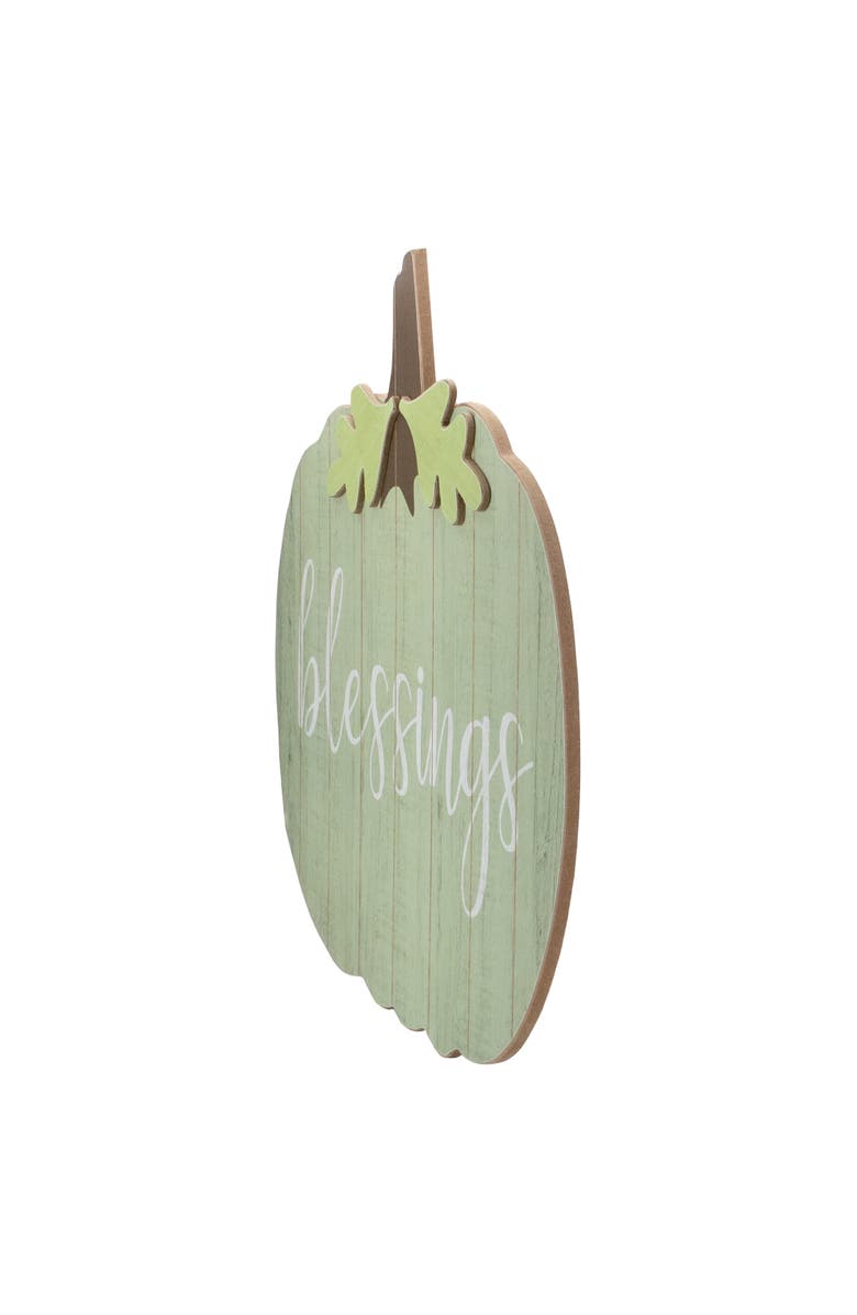 Northlight 20" Green and Brown Blessings Pumpkin Wooden Thanksgiving Hanging Wall Sign, Alternate, color, 