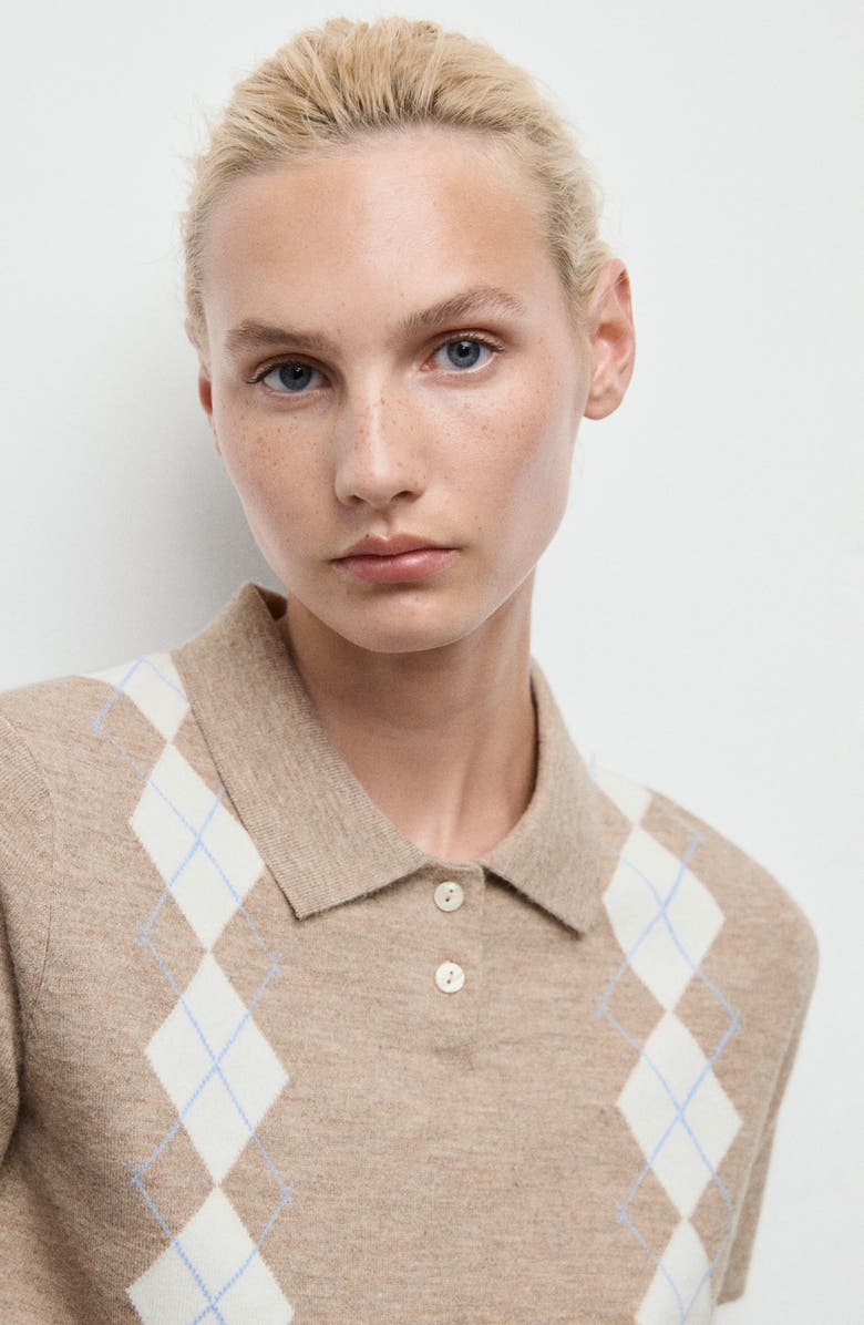 MANGO Diamond Pattern Polo Sweater, Alternate, color, Medium Brown