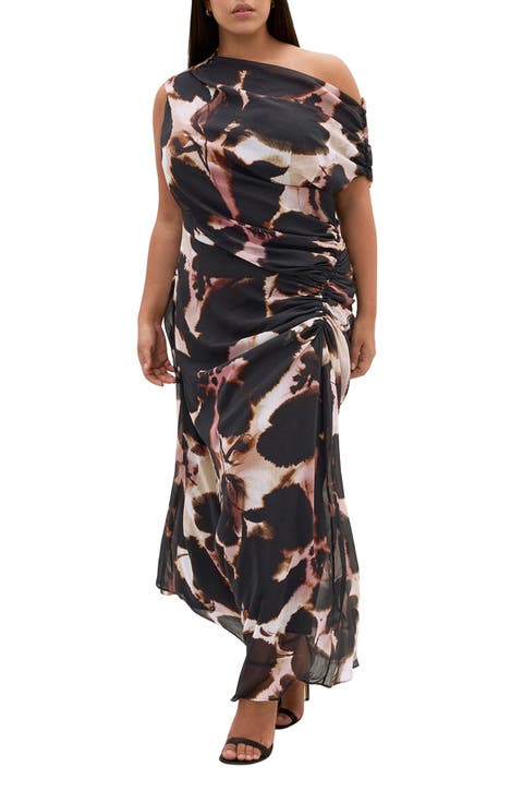 Vivid Floral One-Shoulder Maxi Dress (Plus)