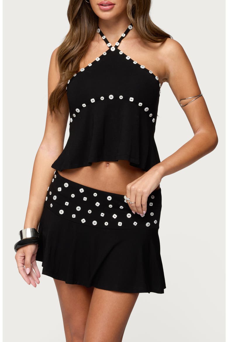 Kayce Button Trim Open Back Halter Top, Main, color, BLACK
