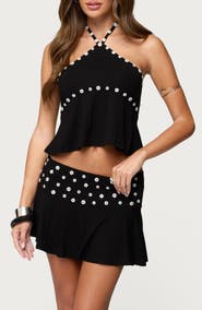 EDIKTED Kayce Button Trim Open Back Halter Top