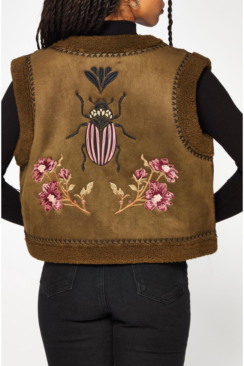 Sylvara Borg Embroidered Bug Gilet, Alternate, color, Brown
