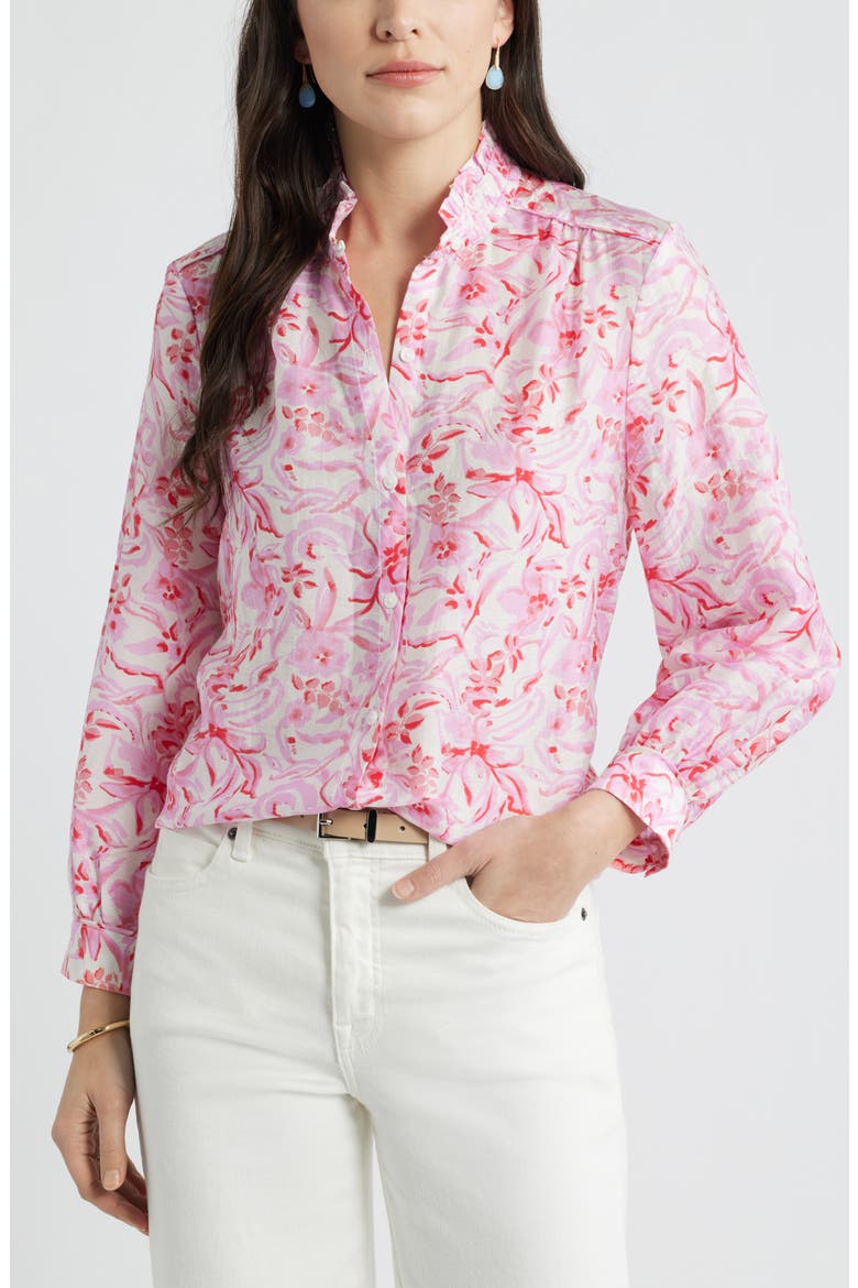 Ruffle Button-Up Shirt, Main, color, IVORY- PINK DAISY GARDEN