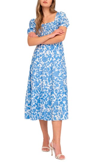 August Sky Floral Puff Sleeve Smocked Midi Dress In Blue Multi