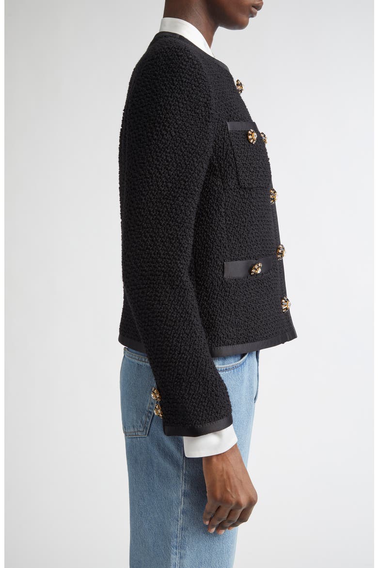 Bejeweled Button Crop Bouclé Tweed Jacket, Alternate, color, NERO