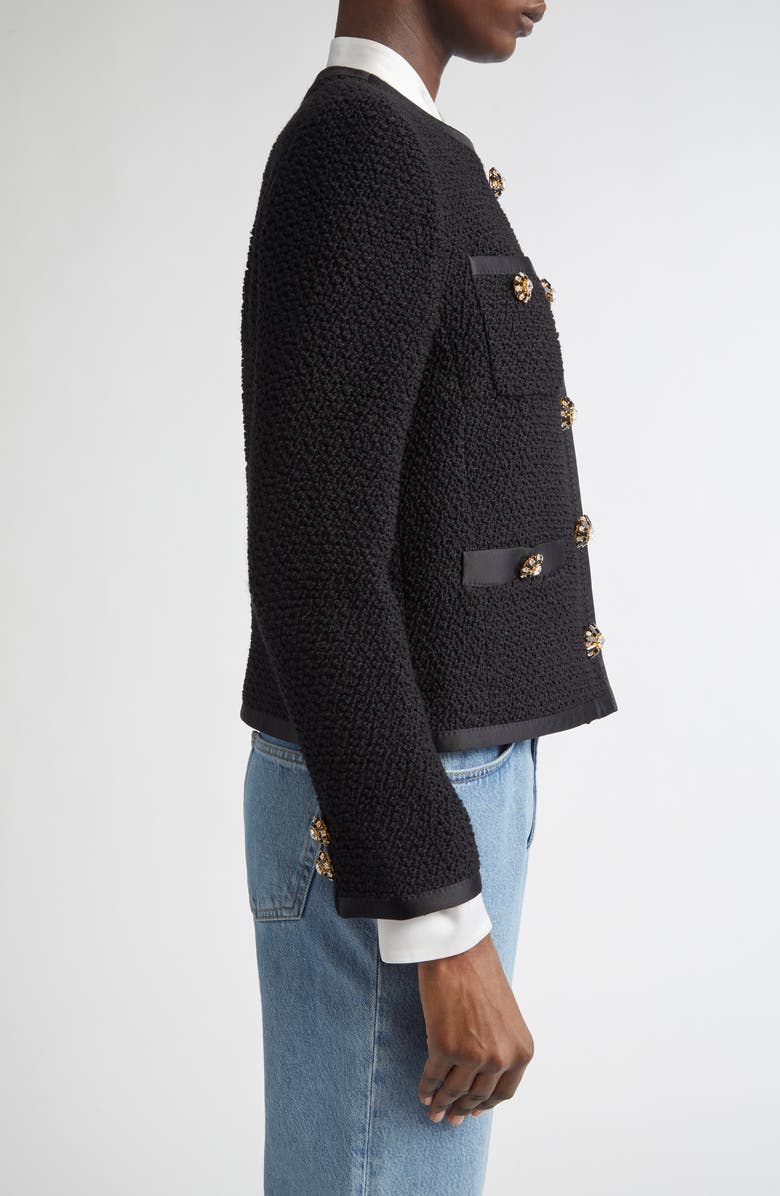Dolce&Gabbana Bejeweled Button Crop Bouclé Tweed Jacket, Alternate, color, Nero
