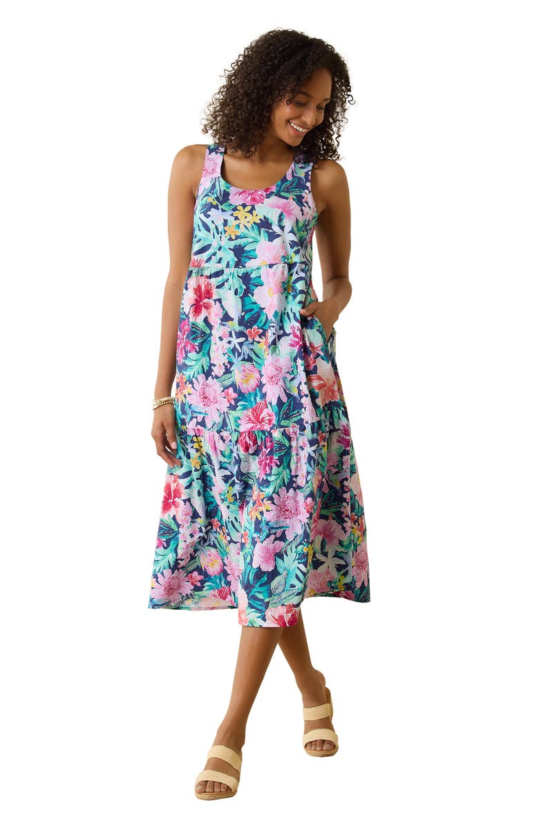 Tommy Bahama Perfectly Paradise Floral Stretch Cotton Midi Dress, Alternate, color, Island Navy