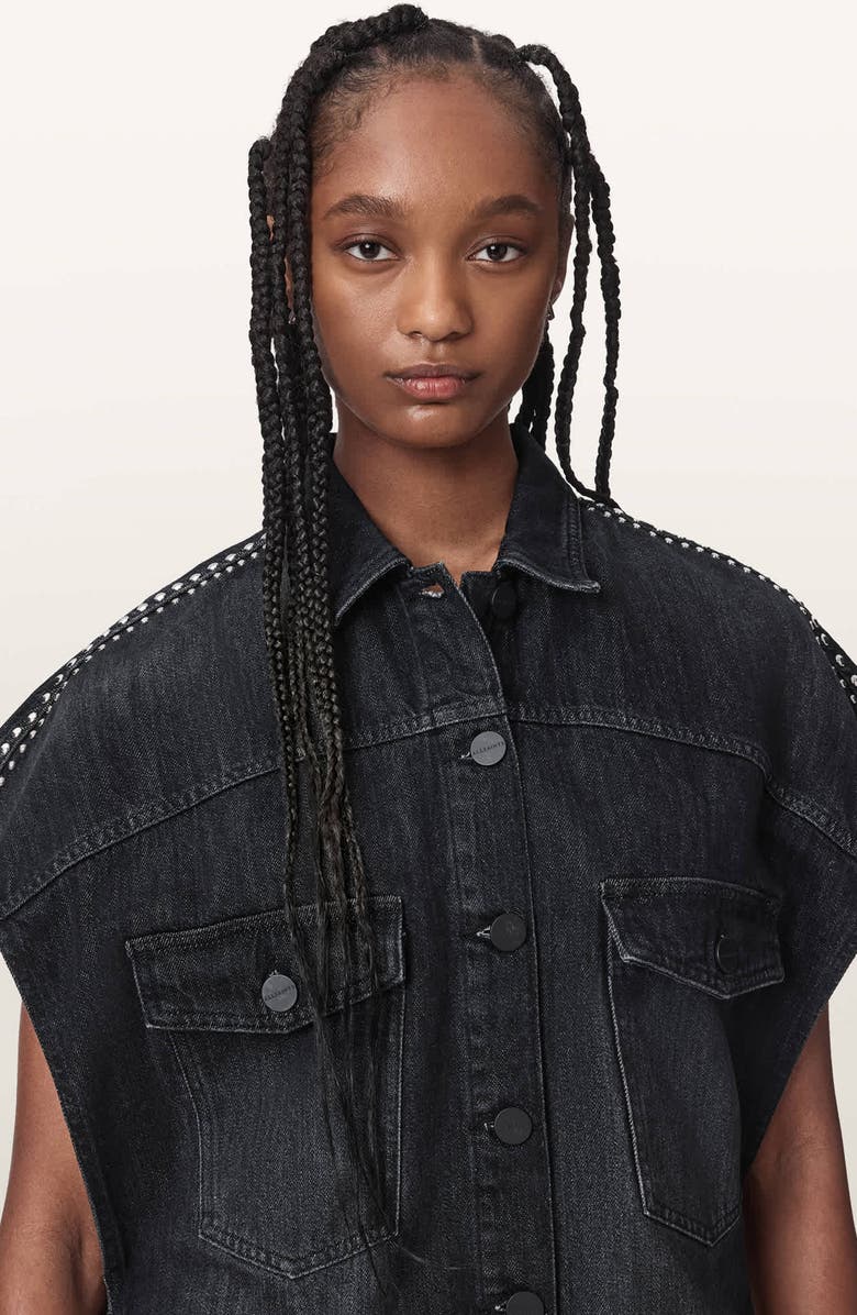 AllSaints Alba Stud Detail Sleeveless Denim Jacket, Alternate, color, Shadow Black
