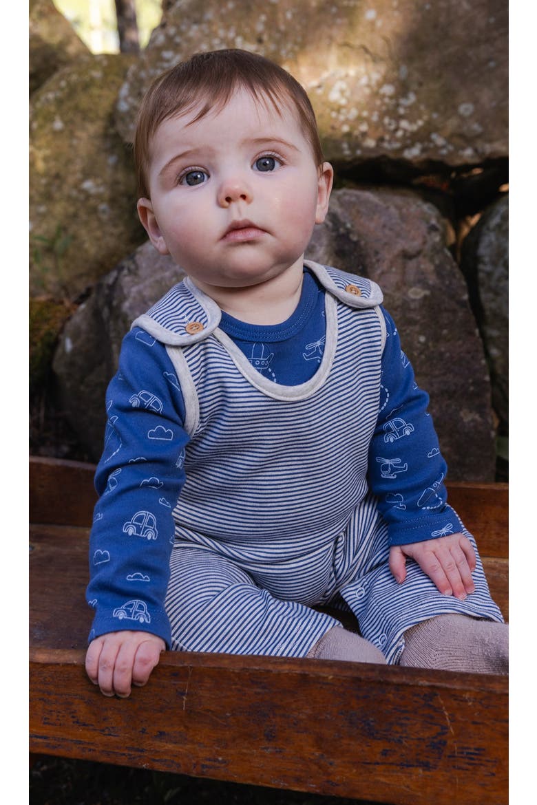 Boy Organic Cotton Romper and Striped Overall Set, Alternate, color, Blue Printed Transport