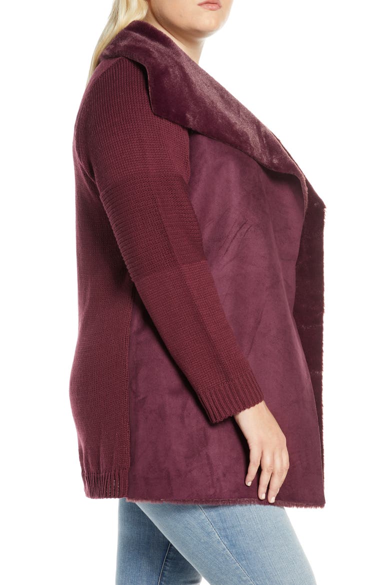 Sweater Jacket with Faux Fur Trim, Alternate, color, WINDSOR WINE
