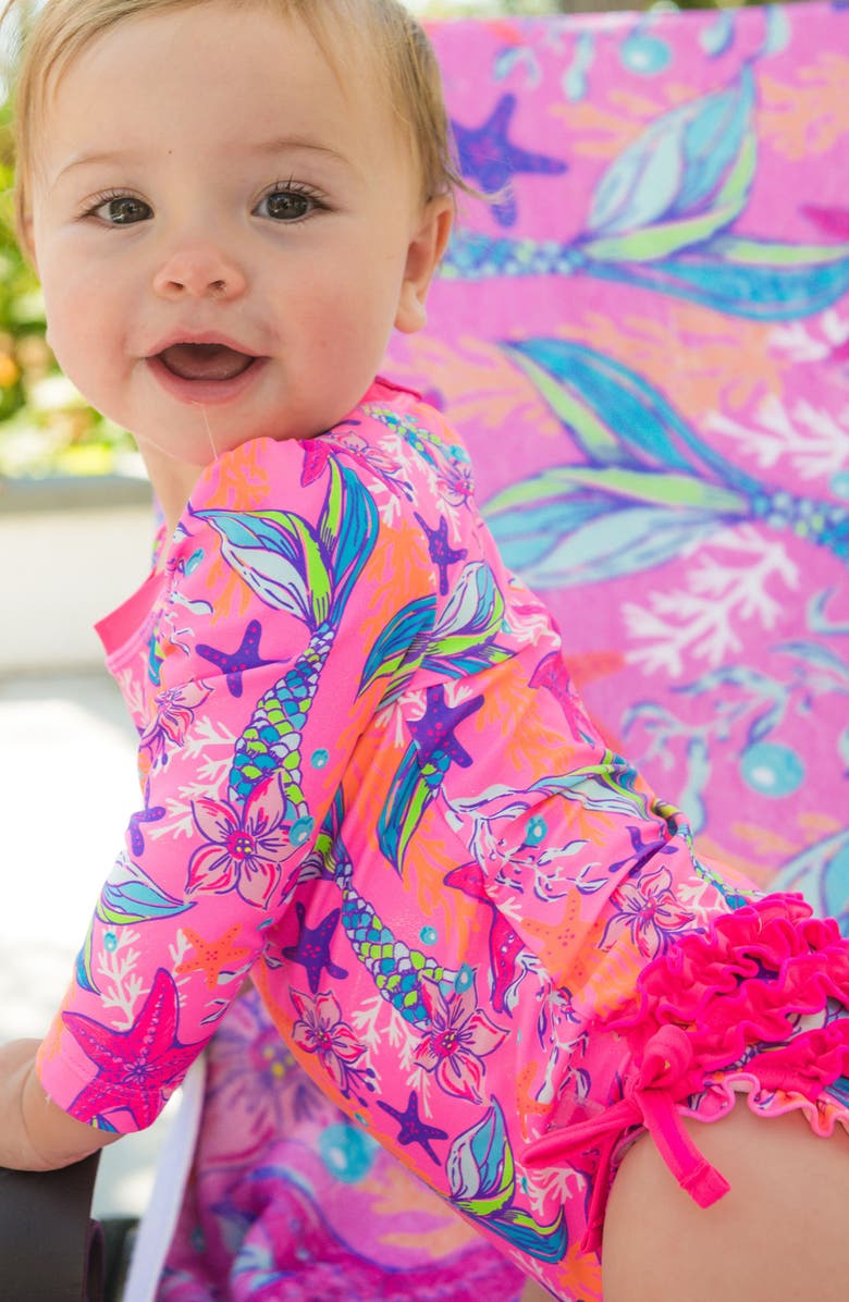 RuffleButts Kids' Mermaid Long Sleeve One-Piece Rashguard Swimsuit, Alternate, color, Pink