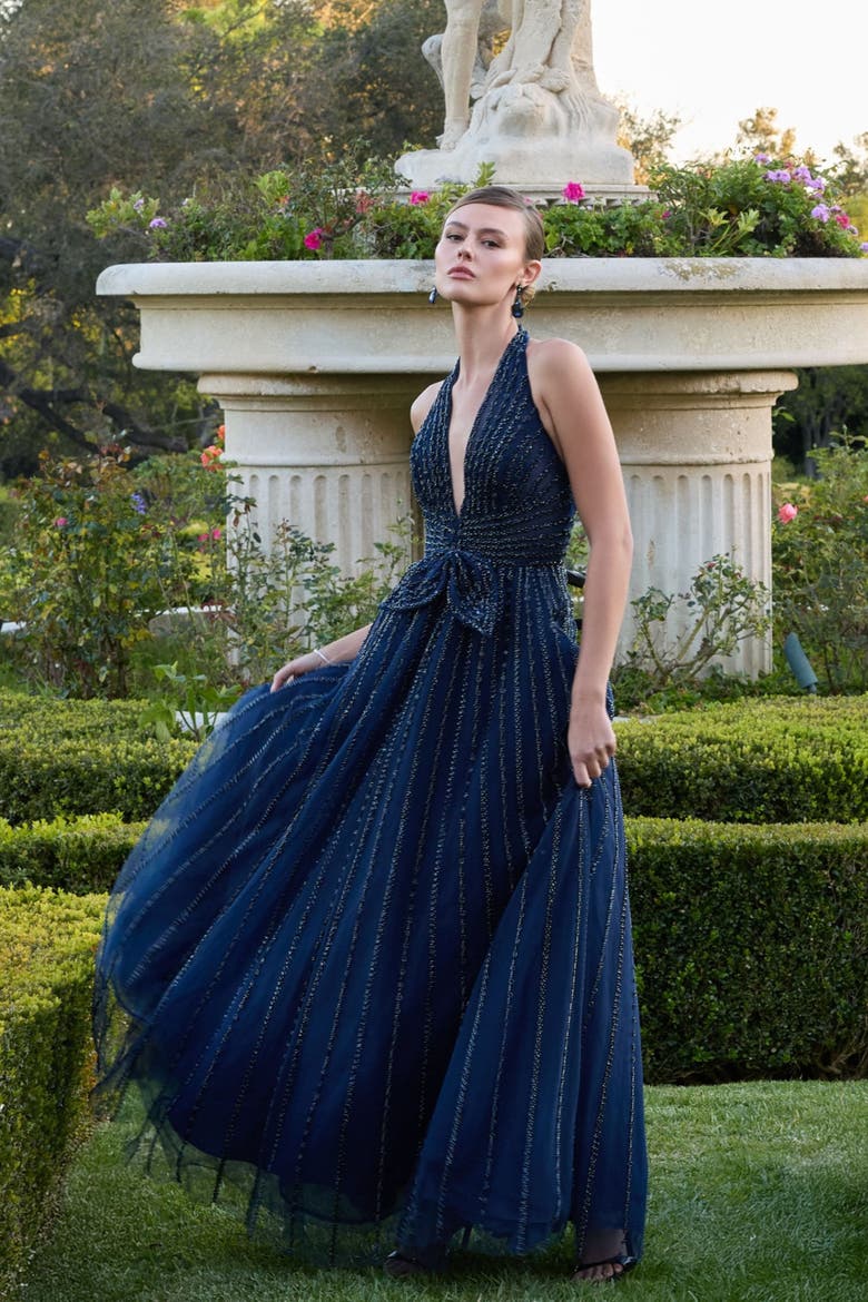 Beaded Halter Neck Open Back Gown, Alternate, color, Midnight