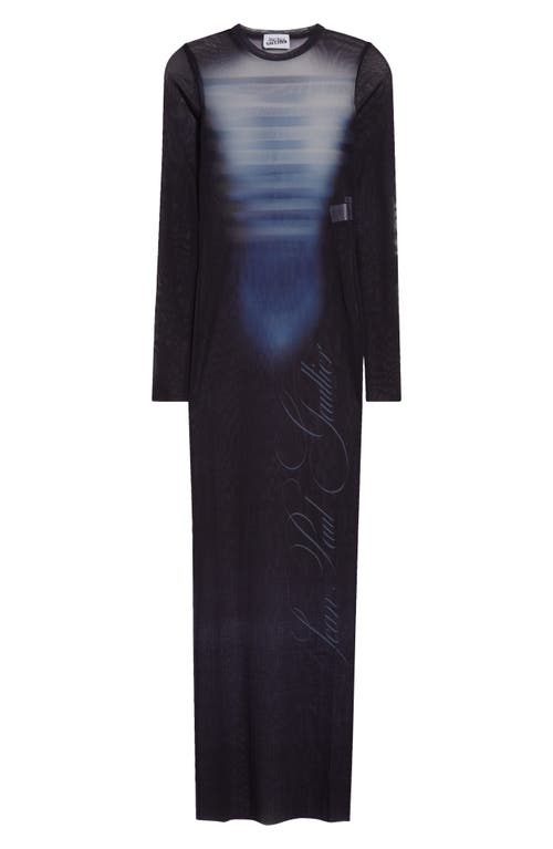 Shop Jean Paul Gaultier Le Mâle Print Long Sleeve Tulle Body-con Dress In Navy/light Blue/white