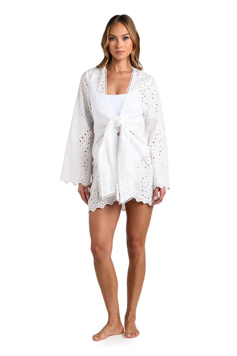 Monstera Eyelet Cove Long Sleeve Cotton Cover-Up, Alternate, color, WHITE