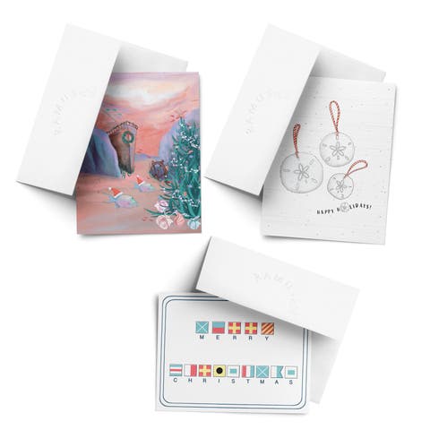 Sand Dollar, Merry Christmas Nautical Flag, Under the Sea Winter/Holiday/Christmas Greeting Card Pack Sets (3 ct, Assorted)