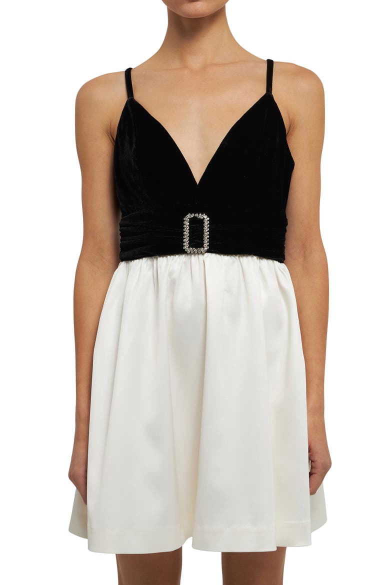 Jewel Detail Contrast Minidress, Alternate, color, BLACK/ IVORY