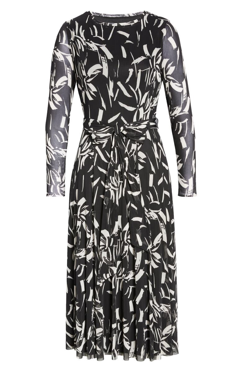 Anne Klein Abstract Print Tie Waist Long Sleeve Mesh Midi Dress, Alternate, color,