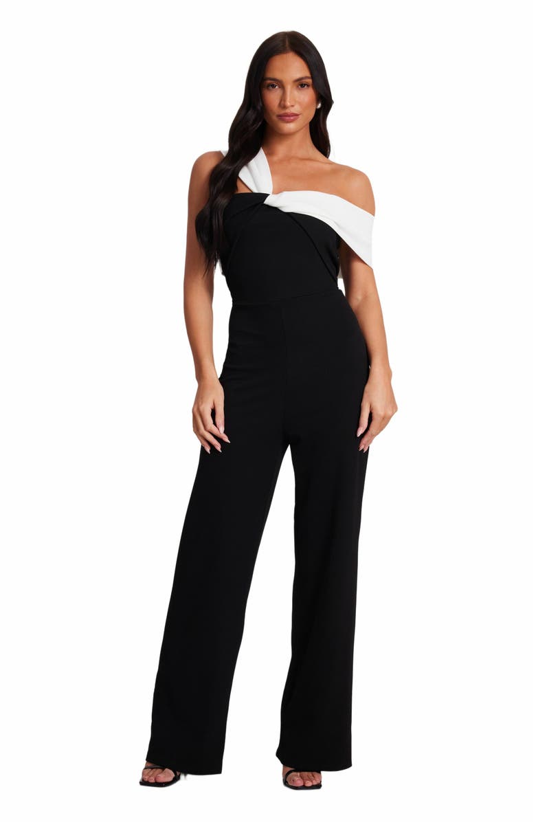 QUIZ Scuba Crepe Contrast Bardot Jumpsuit, Main, color, 
