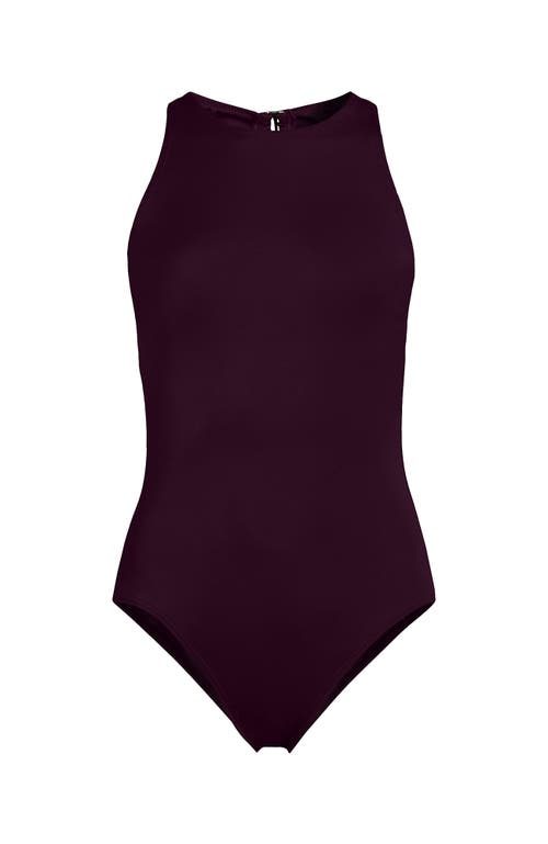 Lands' End Tugless High Neck Portrait Back One Piece Swimsuit In Burgundy
