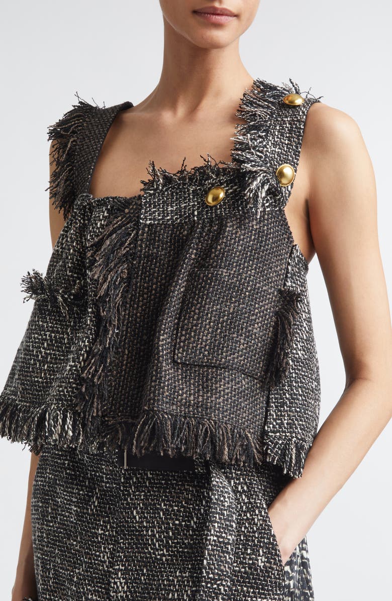 Sacai Crop Mixed Tweed Camisole, Alternate, color, Black