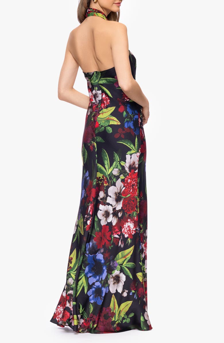 Betsy & Adam Floral Print Satin Halter Dress, Alternate, color, Black/ Multi