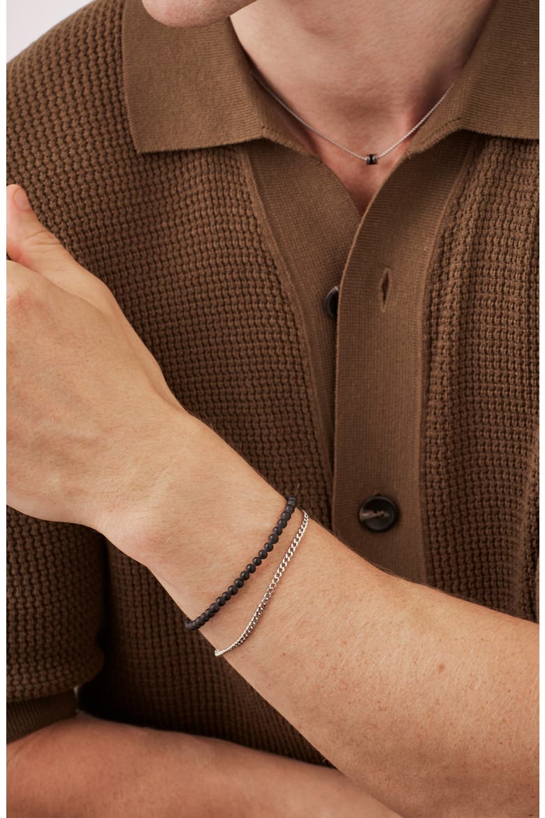 Men's Black Onyx Bead & Curb Chain Bracelet Set, Alternate, color, SILVER