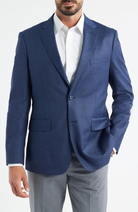 Navy Windowpane Check Wool Blend Suit Jacket