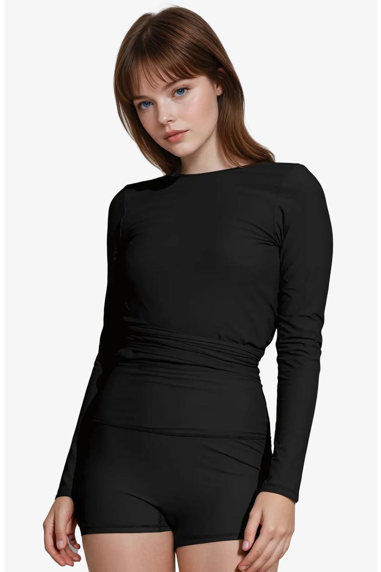Plus Size Avery 2-Piece Long Sleeve Wrap Swim Set With Reversible Top and Tummy Control Shorts, Alternate, color, Black