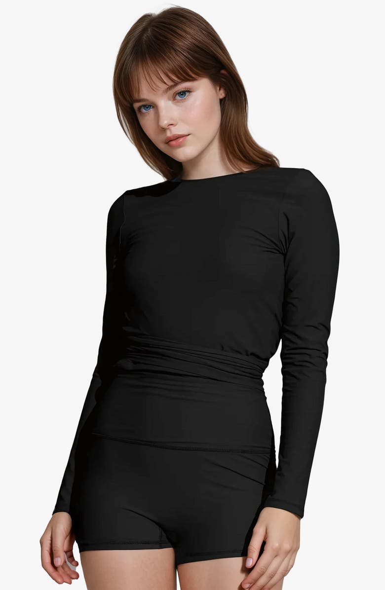 Calypsa Plus Size Avery 2-Piece Long Sleeve Wrap Swim Set With Reversible Top and Tummy Control Shorts, Alternate, color, Black