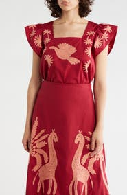 T Tahari Ruffle Sleeve Embroidered Crop Top