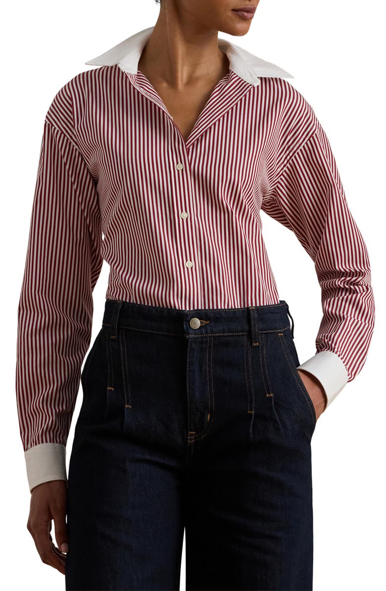 Lauren Ralph Lauren Stripe Cotton Broadcloth Button-Up Shirt, Main, color, Burgandy/ White Multi