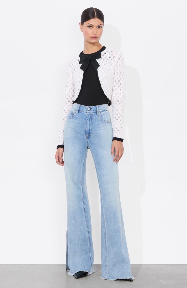 Alice + Olivia Dannie Bow Accent Open Stitch Cotton & Wool Cardigan, Alternate, color, Soft White/ Black