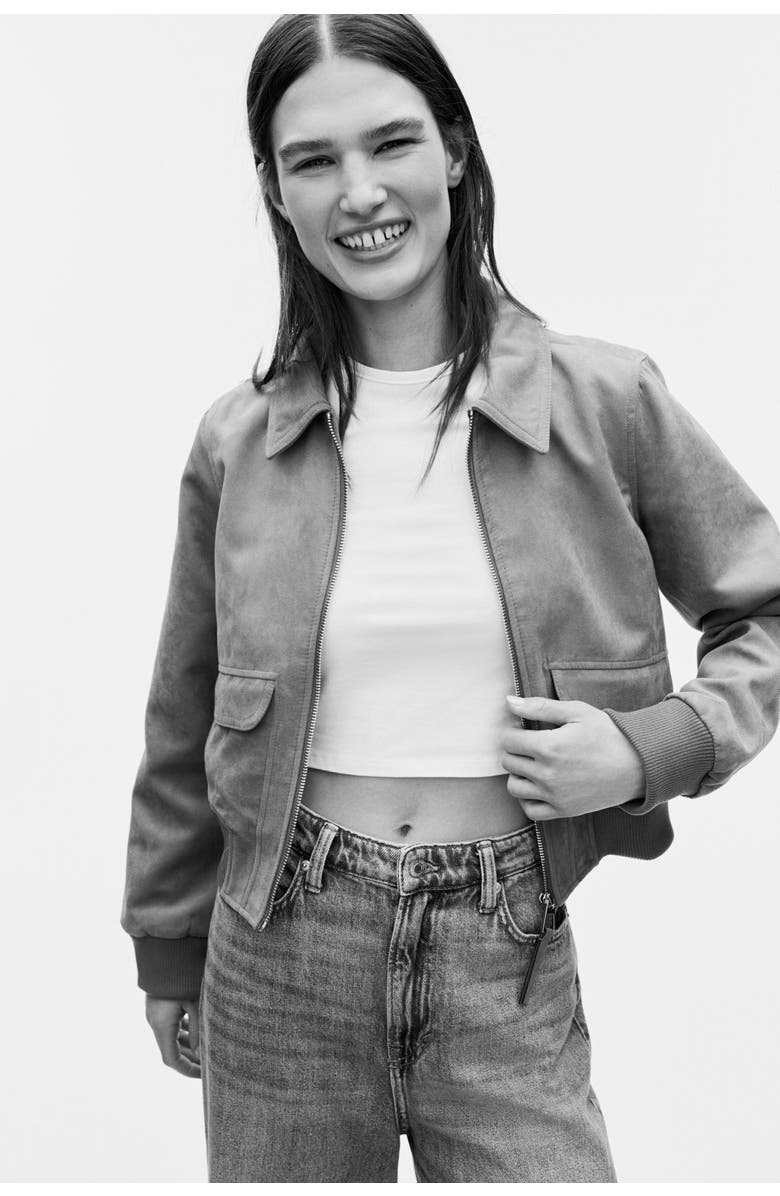 H&M Collared Bomber Jacket, Alternate, color, Dark Beige