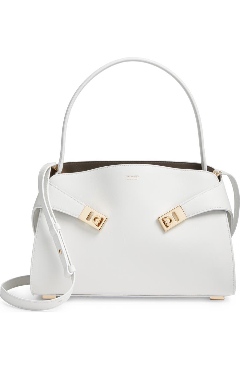 FERRAGAMO Small Hug Leather Top Handle Bag, Main, color, Optic White/ Concrete