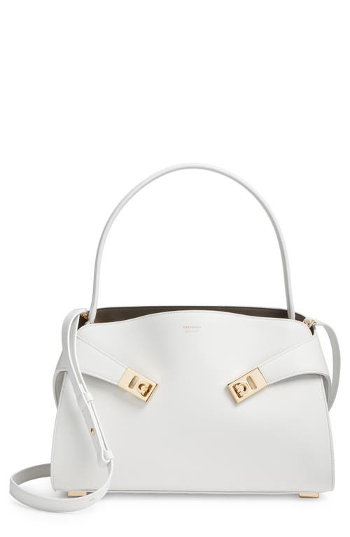 Shop Ferragamo Small Hug Leather Top Handle Bag In Optic White/concrete