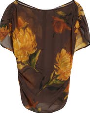 Lela Rose Floral Shirred Cap Sleeve Chiffon Top