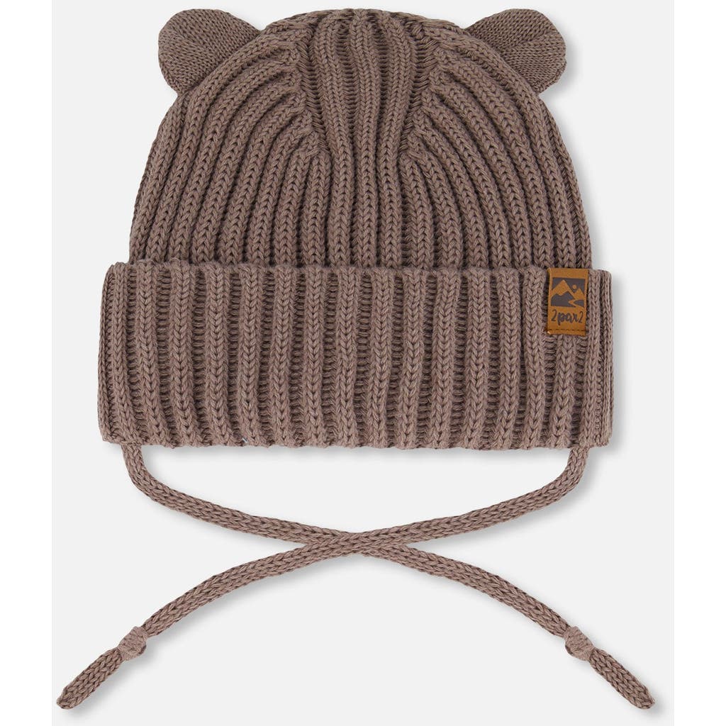 Deux Par Deux Baby Boy's Baby Knit Hat With Strings Taupe In Taupe