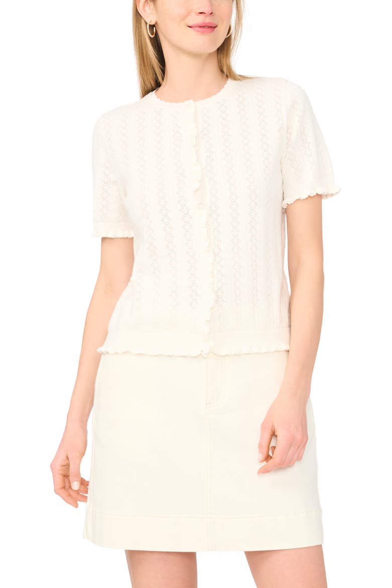 Pointelle Short Sleeve Cardigan, Main, color, NEW IVORY