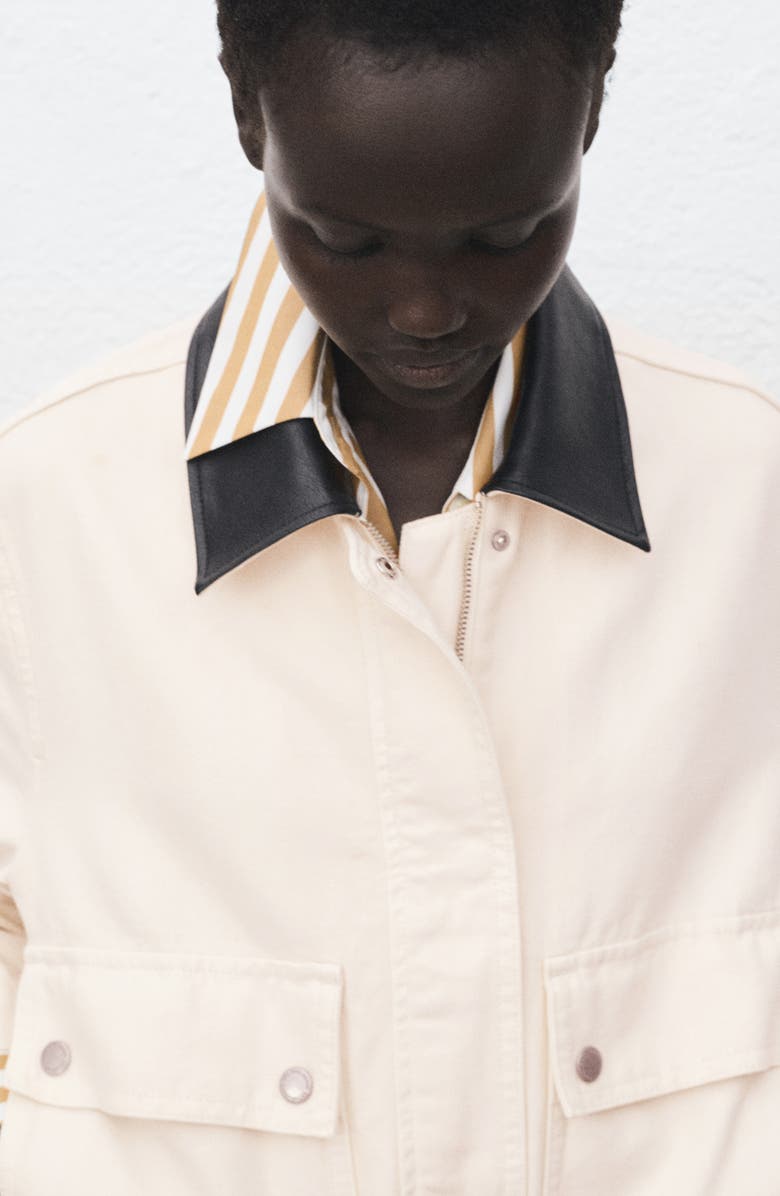 MANGO Faux Leather Collar Denim Jacket, Alternate, color, Ecru