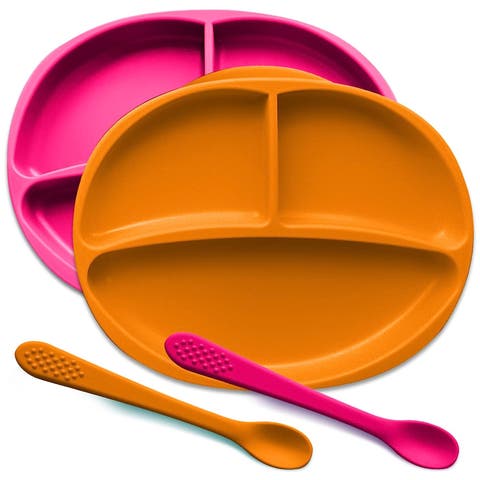 Silicone Suction Divided Plate and Spoon Toddler Training Self Feeding Set, 2-Pack