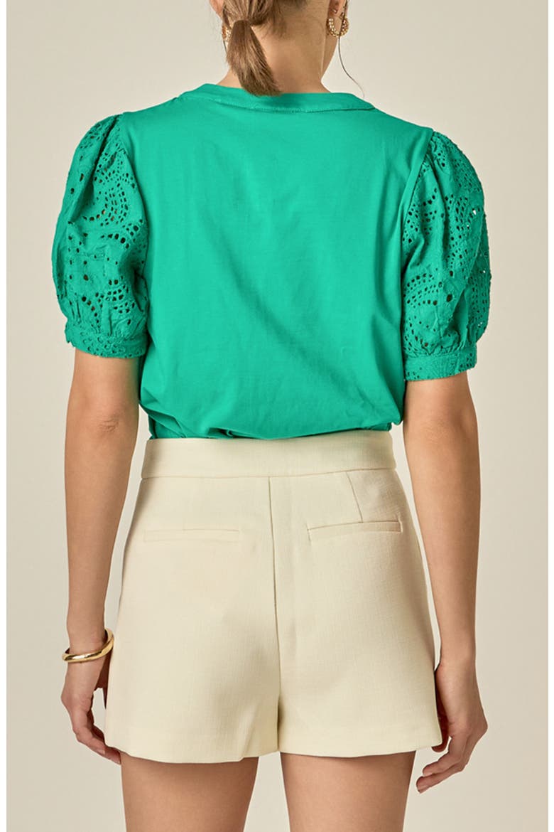 Mixed Media Eyelet Sleeve Top, Alternate, color, GREEN