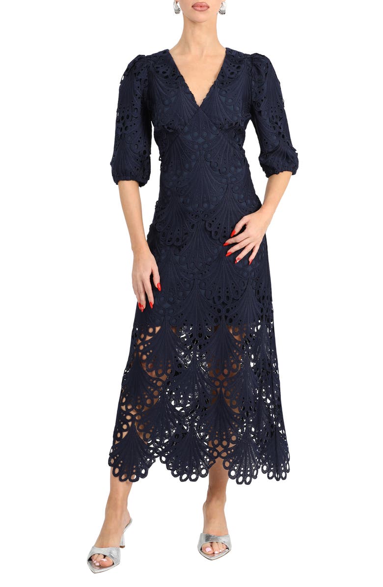 Adelyn Rae Kinsley Puff Sleeve Lace Midi Dress, Alternate, color, Navy