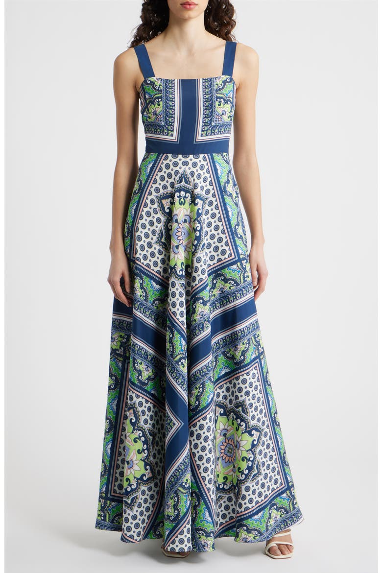 Scarf Print Sleeveless Maxi Dress, Main, color, NAVY LIME